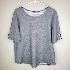 Chico's Size L Black White Striped Short Sleeve Shirt With Detailed Sleeves